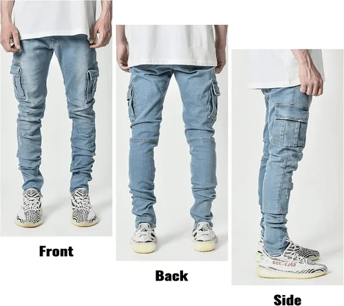 Vista 5 de Pantete Jeans cargo para hombre, ajustados, elásticos, de pierna recta, jeans ajustados a la moda con múltiples bolsillos