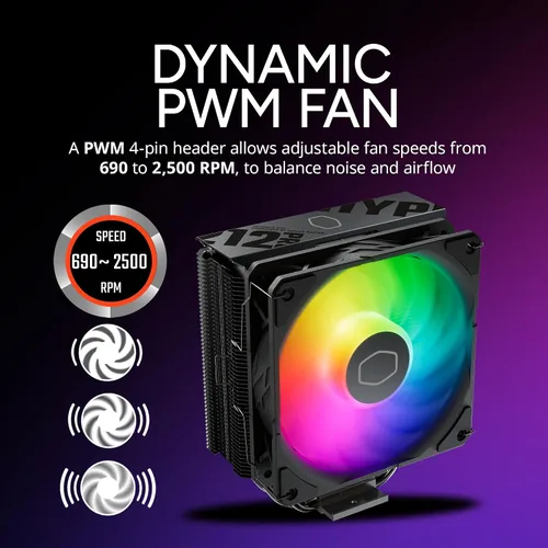 Vista 6 de Cooler Master Enfriador de aire de CPU Hyper 212 RGB Black Edition, ventilador SF120R RGB, 4 tubos de calor CD 2.0, negro metálico anodizado, aletas