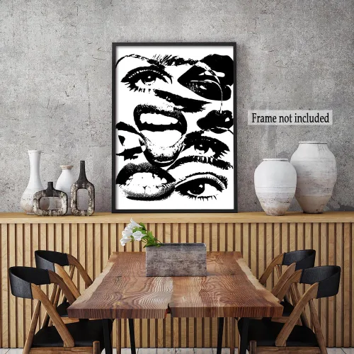 Vista 2 de Arte de pared retro hipster – Arte extraño en blanco y negro de los años 70 con ojos femeninos y labios – Impresión abstracta preppy – Decoración