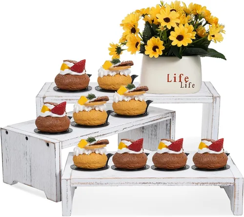 Vista 8 de Soporte de madera para cupcakes de 3 niveles y elevadores de exhibición, para postres de comida y más, resistente y reutilizable Marrón