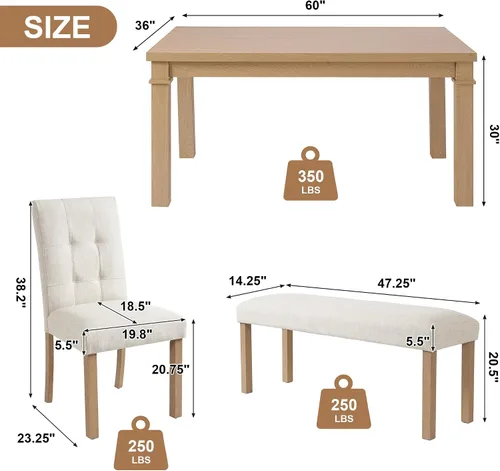 Vista 4 de P PURLOVE Juego de mesa de comedor de 6 piezas, mesa de cocina rectangular de madera con 4 sillas tapizadas, 1 banco para comedor y sala de estar
