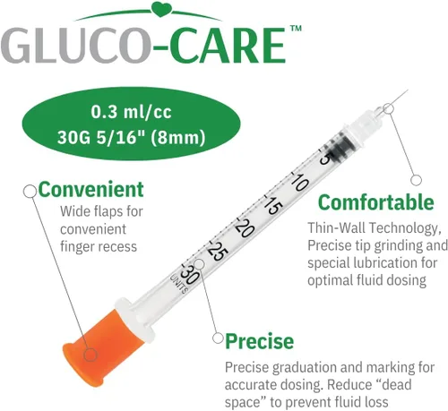 Vista 3 de GLUCO-CARE - Jeringas de 0.3 ml/cc, 30G x 5/16’’ (8mm), tapa naranja, 100/caja