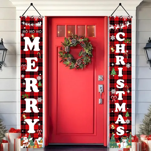 Vista 7 de Decoraciones navideñas para patio al aire libre, juego de letreros para porche delantero, pancarta de puerta, decoraciones colgantes de Feliz