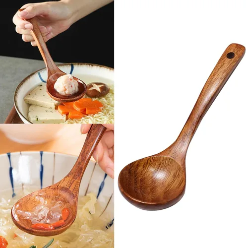 Vista 2 de Cuchara de sopa de madera Cuchara de sopa larga de madera Cuchara de azúcar de arroz Cuchara de gachas de avena Cuchara de madera natural para comer