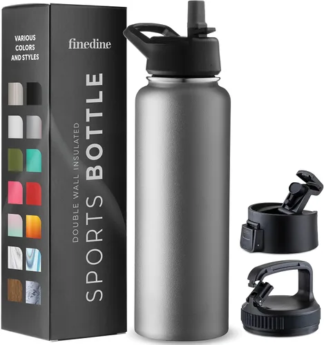 Vista 49 de FineDine Botellas de agua aisladas de triple pared con popote, botella de metal de acero inoxidable de 25 onzas con 3 tapas a prueba de fugas