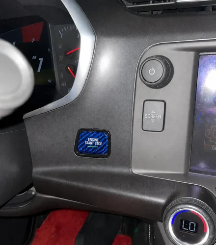 Vista 2 de Cubierta de fibra de carbono real para botón de arranque con orificio de luz, compatible con Chevrolet Corvette C7 2014 2015 2016 2017 2018 2019 Azul