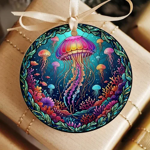 Vista 4 de Velyra Adorno de Navidad 2025 – Adorno de cerámica estilo vitral de medusas, decoración bajo el mar para árbol, regalo de arte de vida marina