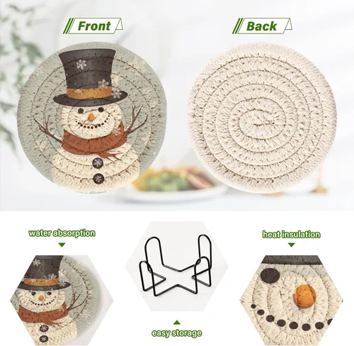 Vista 4 de 6 posavasos absorbentes de muñeco de nieve para protección de mesa, hechos a mano, redondos, tejidos con soporte y resistentes al calor, resistentes
