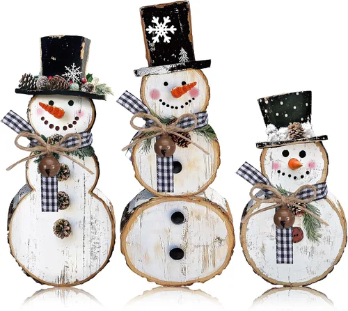 Vista 7 de Barydat 3 piezas de decoración de madera de muñeco de nieve de Navidad, centros de mesa rústicos de muñeco de nieve, letrero de bloque para Navidad