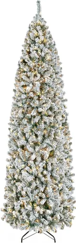Vista 17 de Yaheetech Árbol de Navidad de Abeto Tipo Lápiz Preiluminado con Nieve Artificial de 6 pies con Bisagras, Árbol de Navidad Delgado para Esquina Negro