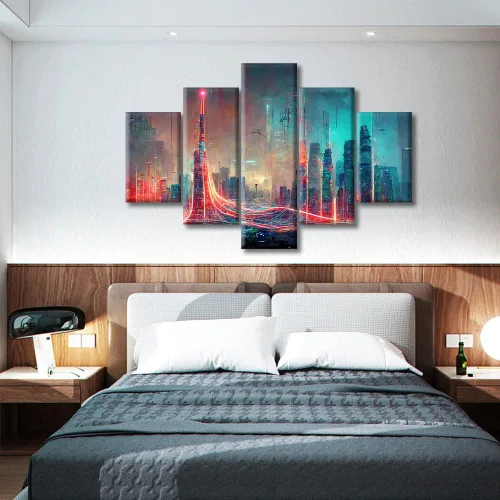 Vista 288 de Cuadros de 5 paneles de Cyberpunk City, arte de pared, representación de vallas publicitarias, edificios modernos en la capital con obras de arte