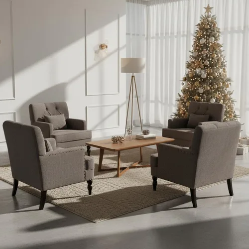 Vista 9 de HUIMO Silla Club Capitoné con Cojín Lumbar, Sillón Tapizado con Botones, Silla de Lectura Decorativa, Sillas de Sofá de Tela de Lino para Gris