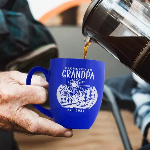 Vista 9 de PlaqueMaker Taza de café Bistro de cerámica personalizada, texto grabado con láser, 16 onzas (azul)