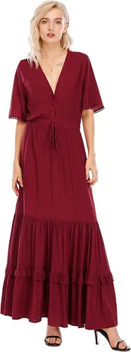 Vista 2 de R.Vivimos - Vestido por debajo de la rodilla bohemio para mujer, de manga corta, algodón, cuello en V, diseño floral y estilo informal