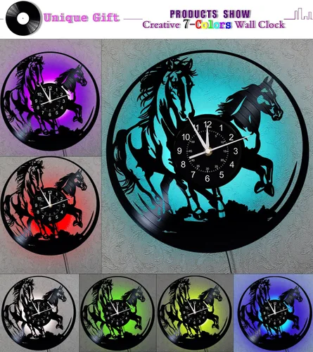 Vista 4 de Reloj de pared de caballo corriendo regulable, montaje en pared de 12 pulgadas, disco de vinilo con luces LED de caballo al galope, regalos