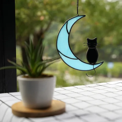 Vista 2 de Black Cat Decor On Moon Suncatcher Decoration,Cat Memorial Gifts for Cats Lovers Stained Glass Window Hangingt,Cats Loss Sympathy Gift,Pet Memorial