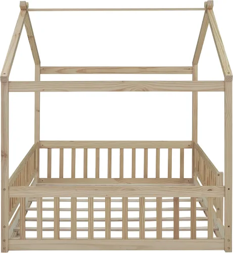 Vista 8 de RUNNA Marco de cama de madera de tamaño matrimonial con valla, para niños, adolescentes, niñas, niños, (Natural-Thinck 4col)