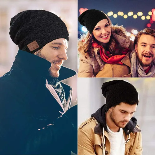 Vista 4 de Gorro Bluetooth para mujeres y hombres, inalámbrico con auriculares, con música, gorro de invierno, gorro inteligente con auriculares musicales Negro