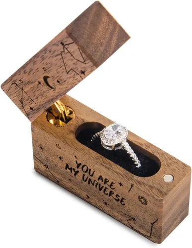 Vista 7 de Caja de anillo de compromiso de madera, pequeña funda plana delgada para propuesta, boda (You are my universe)