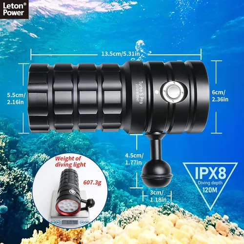 Vista 4 de TS Pro - Linterna de buceo, 25000 lúmenes, luz de video subacuática de 328.1 ft, luz de buceo, con carga tipo C para deportes profesionales al aire