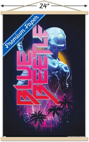 Vista 3 de Trends International DC Comics Movie Blue Beetle - Póster de pared con rayo, 22.375 x 34 pulgadas, paquete de impresión prémium y colgador de madera