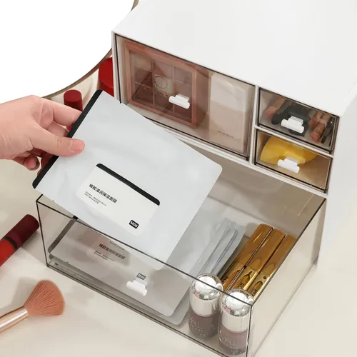 Vista 4 de MILULUGO Organizador de escritorio con 4 cajones, organizador de maquillaje, caja de almacenamiento de escritorio, caja de almacenamiento