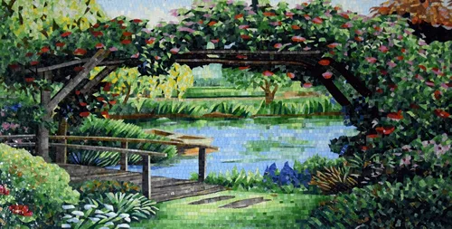 Vista 2 de Handmade Tranquil Garden Bridge tiles Mosaic Wall Art – Hand-Cut Natural Tesserae Landscape Mosaic Tile Panel for Interior Wall Décor