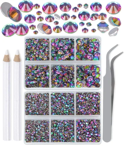 Vista 42 de LPBeads 6000 unidades de diamantes de imitación negros no termofijos, 6 tamaños, cristal redondo, con parte trasera plana, pinzas y bolígrafo
