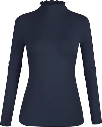 Vista 11 de POPZONE - Camiseta de manga larga con cuello alto falso, ajustada, de punto acanalado con ribete de lechuga para mujer