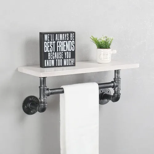 Vista 14 de MBQQ Estante de tubería industrial para baño, estantes montados en la pared, estante de madera rústica de 19.6 pulgadas con toallero, toallero