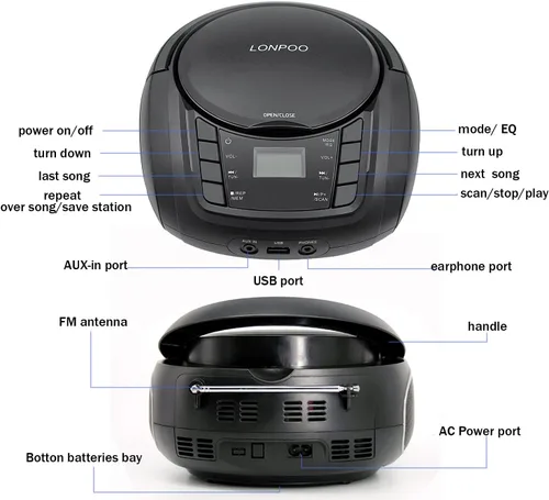 Vista 7 de LONPOO Reproductor de CD portátil Boombox con radio FM/USB/Bluetooth/entrada AUX y salida de jack de auriculares, altavoz de sonido estéreo y Negro