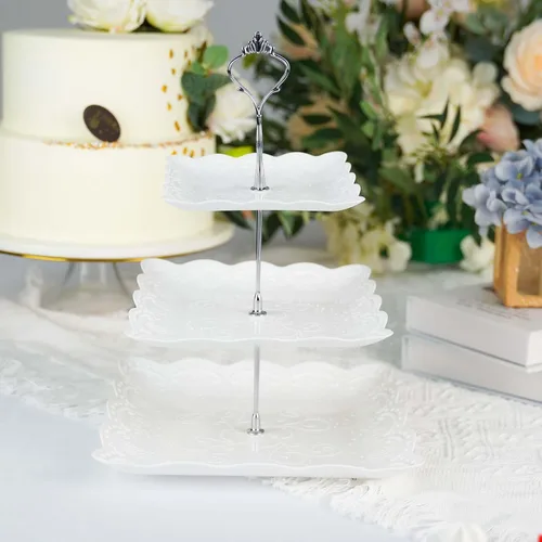 Vista 25 de Efavormart - Soporte de plástico transparente para cupcakes de 3 niveles con borde barroco dorado en relieve, soporte redondo de postres