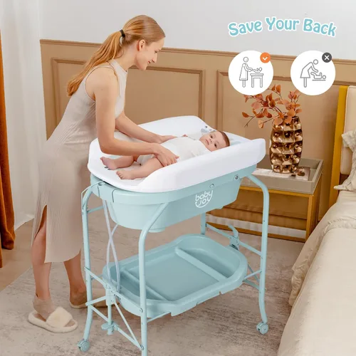 Vista 7 de BABY JOY Bañera para bebé con cambiador, estación plegable para cambiar pañales con bandeja de almacenamiento, almohadilla impermeable, organizador
