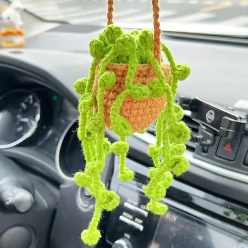 Vista 19 de Planta colgante de ganchillo para automóvil, colgador de espejo de automóvil de punto, cesta colgante de ganchillo para plantas de automóvil, lindos