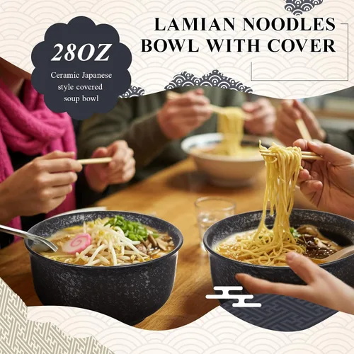 Vista 7 de SiliFine Juego de 2 cuencos de cerámica para ramen con tapa, olla de arcilla para microondas de 25 onzas, vajilla tradicional japonesa, olla