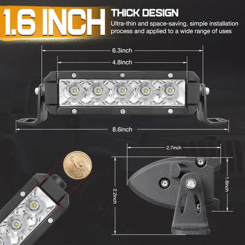Vista 5 de 2 barras de luz LED de una sola fila de 6 pulgadas, delgadas, luces antiniebla de conducción de 50 W, luz de punto todoterreno para camiones