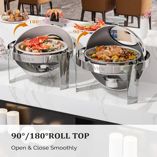 Vista 4 de ROVSUN Juego de bufé de platos de roce con tapa enrollable, 6 cuartos de galón de acero inoxidable redondo para catering, servidores de buffet