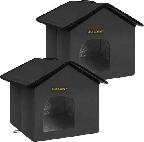 Vista 12 de Rest-Eazzzy Casa para gatos al aire libre, resistente a la intemperie y aislada, con alfombrilla y toldo, fácil de poner, refugio para gatos Negro