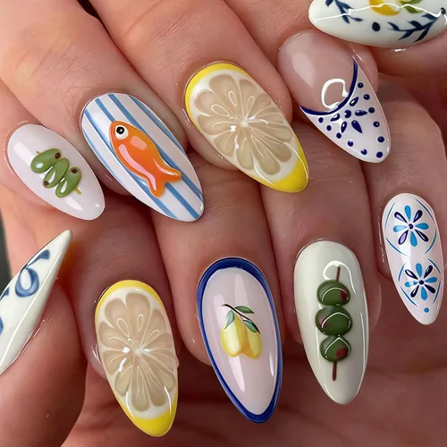 Vista 9 de Uñas postizas a presión con punta francesa, uñas postizas medianas con flores 3D, concha de perla, diseño de estrellas de mar, uñas blancas a