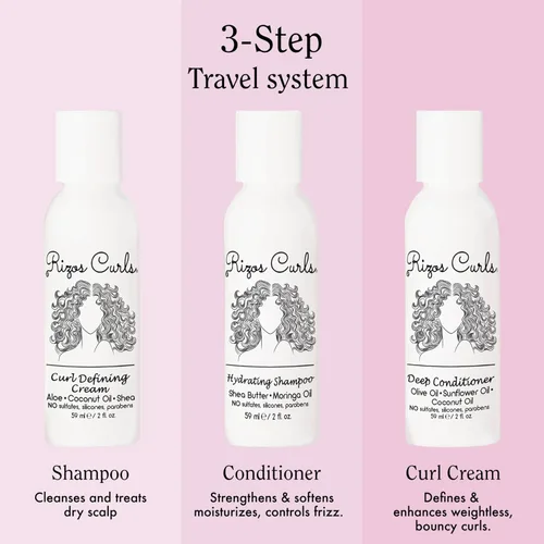 Vista 2 de Rizos Curls Trio Travel Kit de Rizos, incluye champú hidratante de viaje, acondicionador profundo de viaje, crema de rizos de viaje, limpia