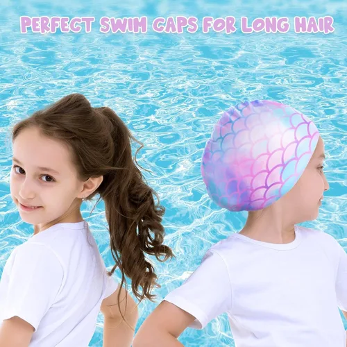 Vista 3 de Paquete de 2 gorros de natación impermeables de silicona para niños y niñas (3-8 años), diseño de sirena de unicornio, gorro de natación para niños