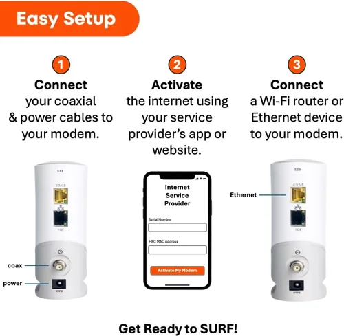 Vista 5 de ARRIS SURFboard S33 DOCSIS 3.1 - Módem de cable Multi-Gig Puertos Ethernet de 2.5Gbps + 1Gbps Funciona con Xfinity, Cox, Spectrum Para planes