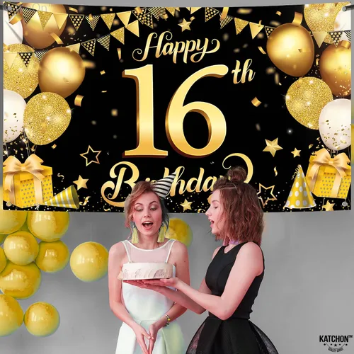 Vista 2 de Cartel de pared negro con el número 16 de feliz cumpleaños