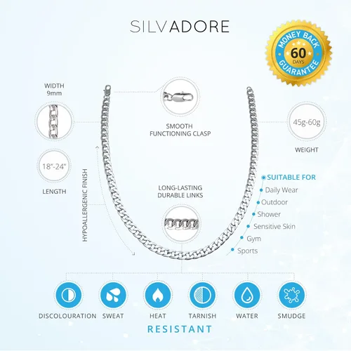 Vista 4 de Silvadore 9mm Miami CUBAN Link Chain for Men Necklace - NON-TARNISH & FADE-PROOF Real Silver Stainless Steel - Boys Mens Christmas Gifts - Thick Big
