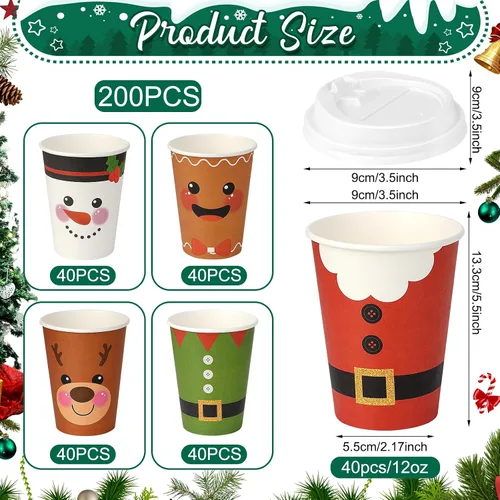 Vista 2 de 200 vasos de papel de Navidad de 12 onzas con tapas, tazas de té desechables de Navidad para bebidas frías, chocolate caliente, chocolate caliente