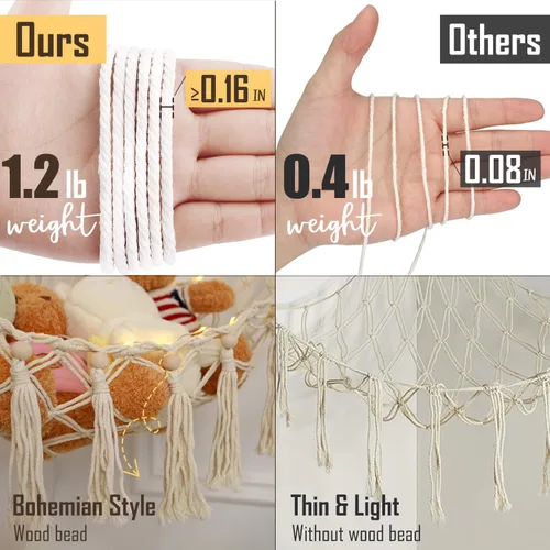 Vista 3 de Hamaca de animales de peluche con 75 LED, hamaca de macramé de almacenamiento de juguetes extragrande de 55 pulgadas, red de juguetes colgante