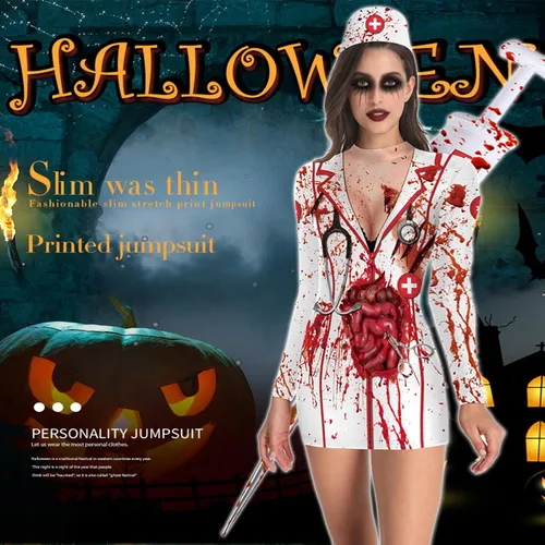Vista 3 de ZJLJAYCHOU Disfraz de Halloween para mujer, disfraz de enfermera sangrienta, disfraz de Halloween para adultos, enfermera zombi, disfraz de fiesta