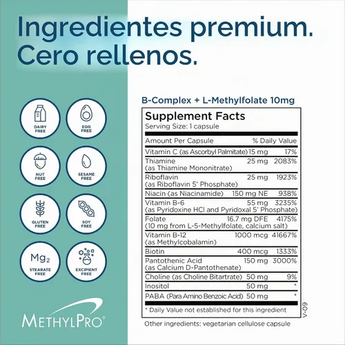 Vista 7 de MethylPro Complejo B con L-metilfolato 10 mg, 30 cápsulas
