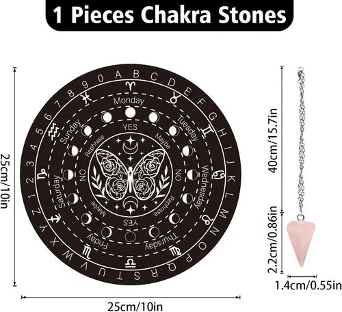 Vista 2 de INFUNLY Tablero de péndulo de madera de mariposa de 10 x 10 pulgadas con collar de cristal de péndulo, tablero de péndulo de madera redondo grande