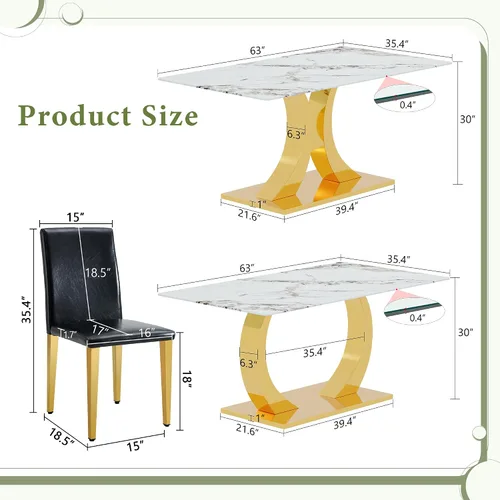 Vista 3 de Juego de mesa de comedor de mármol para 4, moderna mesa de oro blanco de 63 pulgadas con patas de marco de forma intercambiable y sillas de comedor